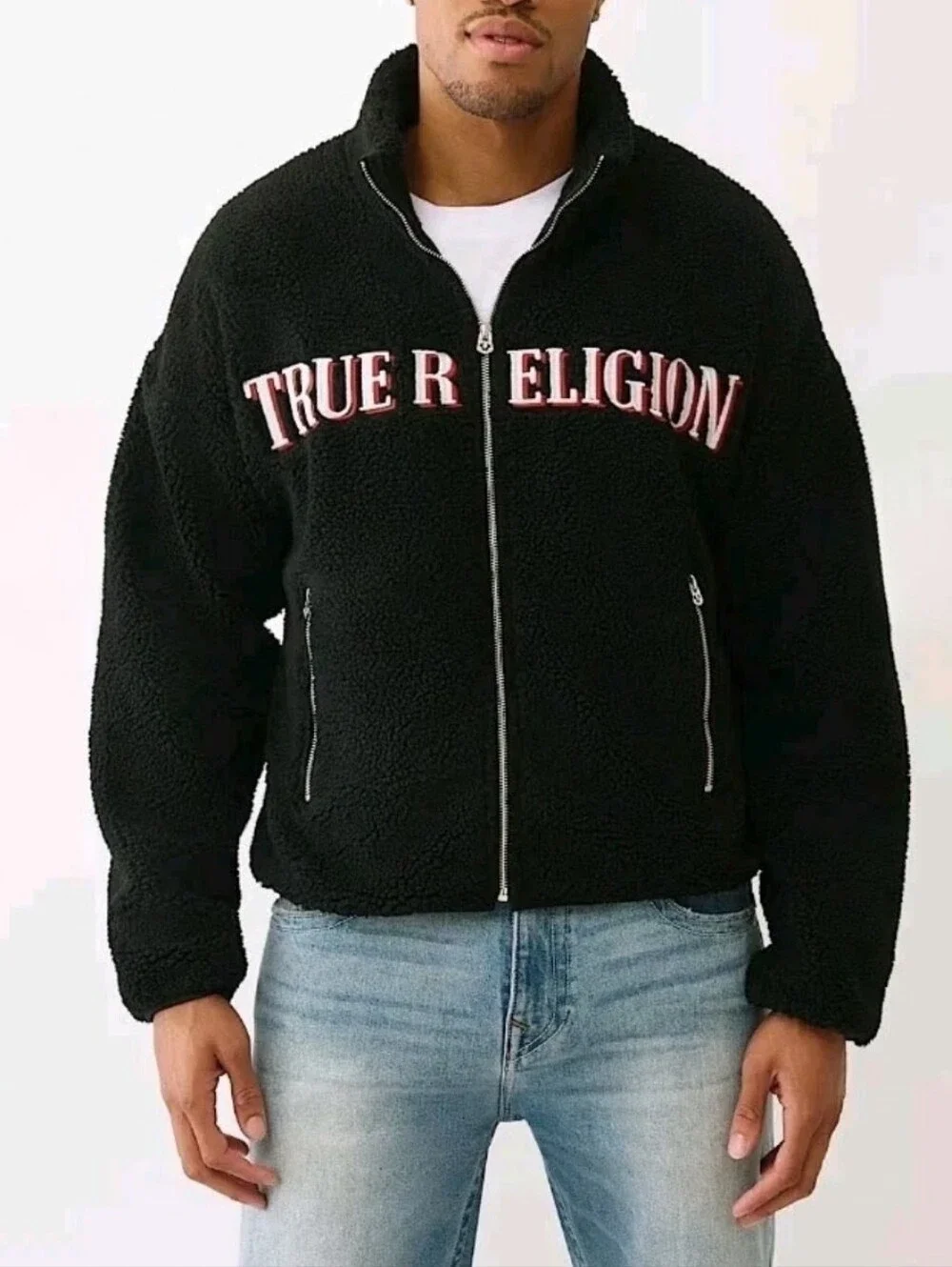 NWT True Religion Sherpa Logo Jacket Full Zip Black